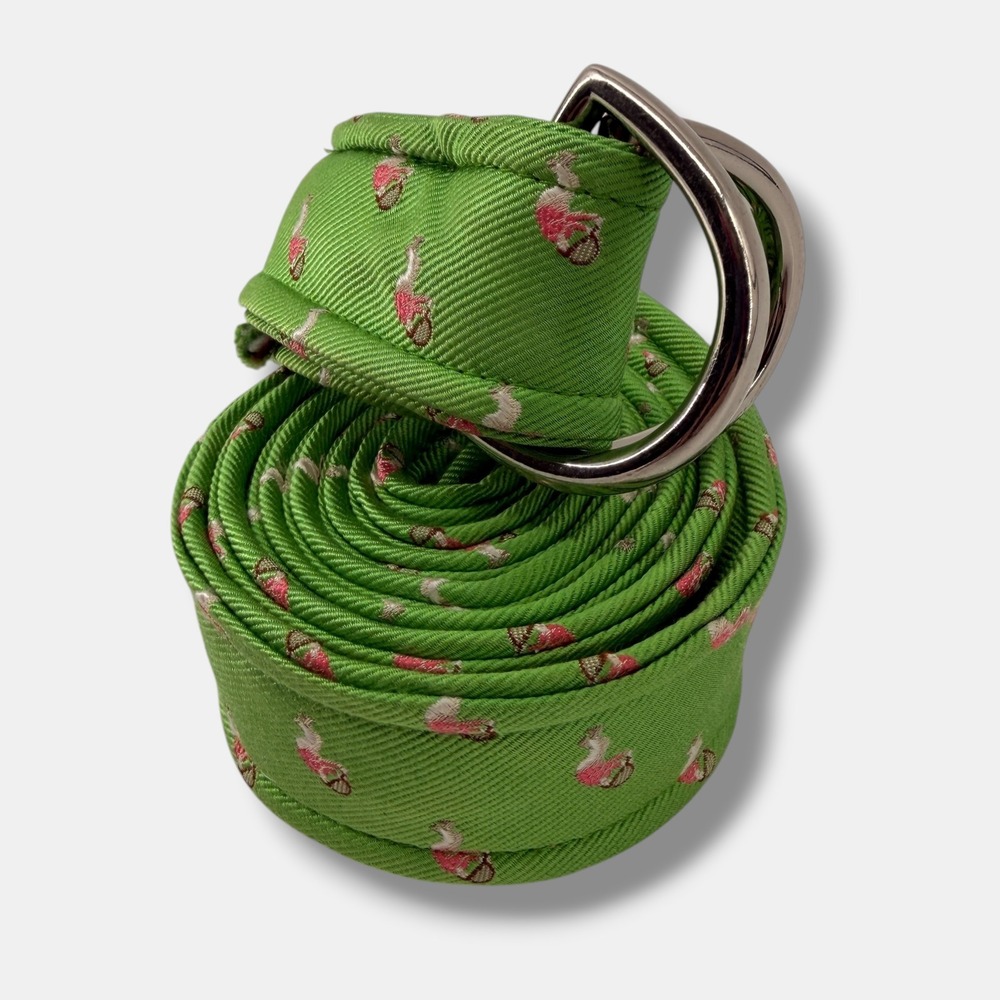 Lilly Pulitzer D-Ring Belt Mens‎ Large Green Silk Embroidered Tennis Preppy